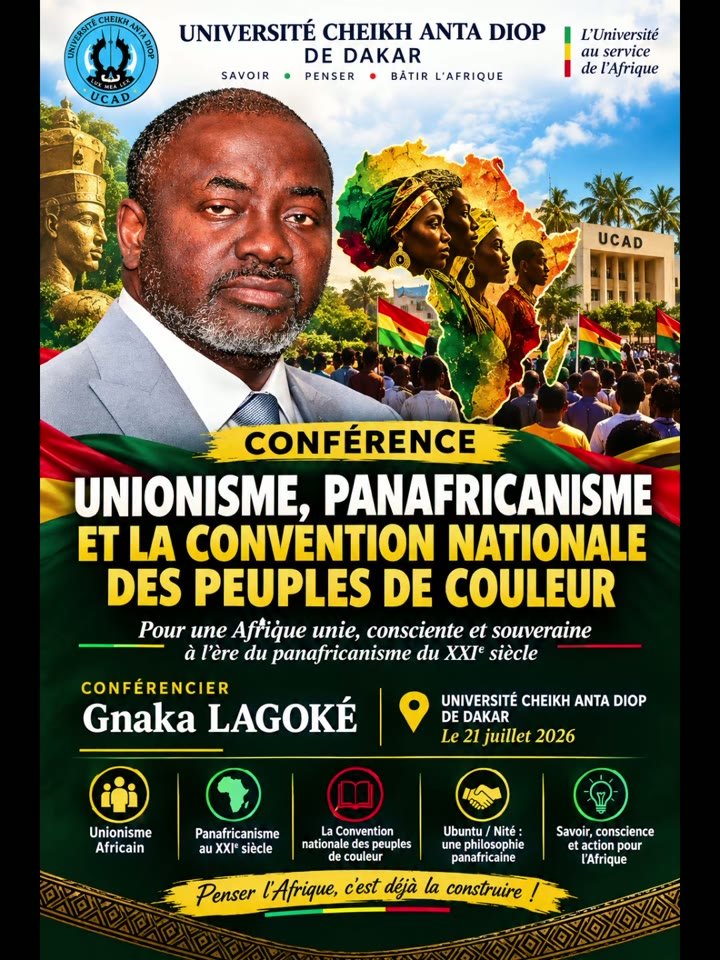 Conference poster featuring Dr. Gnaka Lagoke and the title Unionism, Pan-Africanism and the National Convention of Colored Peoples